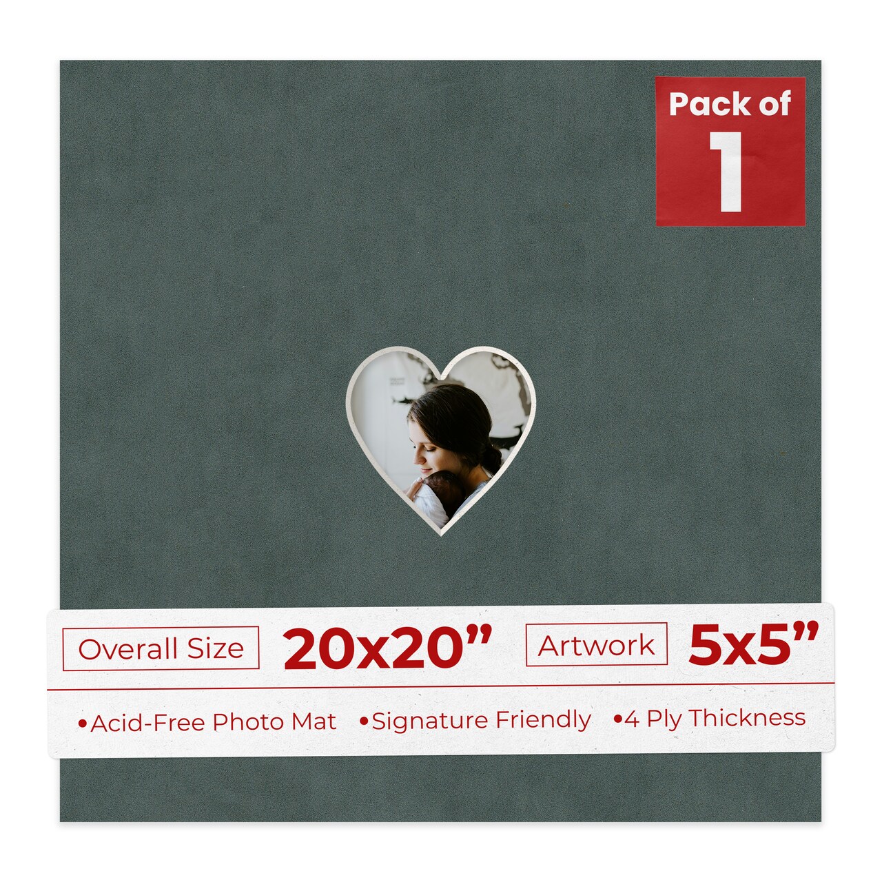 Dark Grey Suede Mat Board for 20x20 Frames - Heart Opening for 5x5 Photos